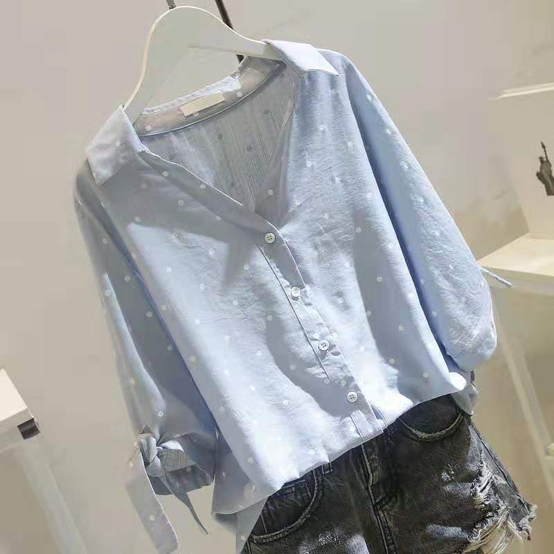 2026 Spring and Autumn New Korean Style White Polka Dot Shirt Women's Mid-Sleeve Loose Casual Cotton and Linen V-Neck Shirt