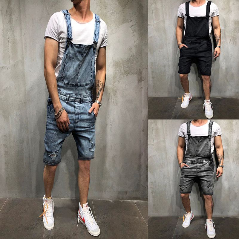 Wish Fashion Men's Suspender Denim Rompers Torn Denim Shorts Popular Popular Overalls
