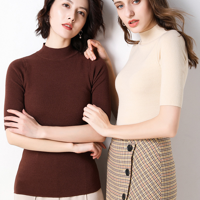 2021 spring new bottoming shirt knitted half turtleneck tight pullover half sleeve slim sweater