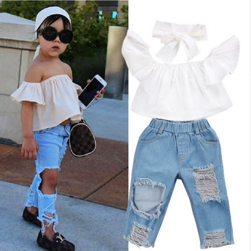 Summer Girls' suit Children's Off-shoulder White Top Ripped Jeans suit Fashion Trendy Girls' Wear