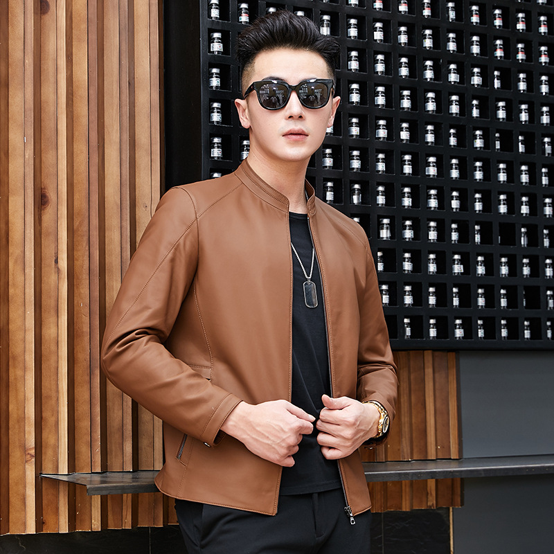 Haining Leather Jacket Spring and Autumn New Thin Genuine Leather Jacket for Middle-aged Men's Matt Style Casual Collar Leather Jacket