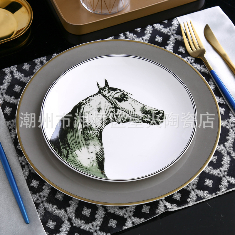 American Soft Furnishing Table Decoration Dinner Plate Table Horse Head Ceramic Accessible Luxury Model Room Banquet Western Tableware Set