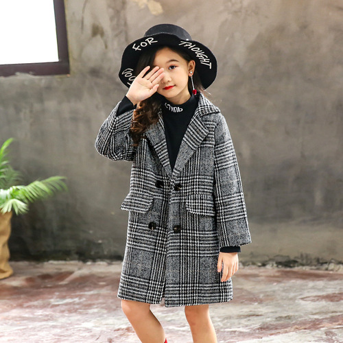 Spring, Summer, Autumn and Winter New Children's Apparel Children's Pigeon Check Wool Coat for Older Girls, One Piece Dropshipping