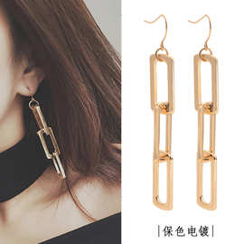 欧美夸张时尚长款长方形链条锁链耳环耳夹女韩版个性简约几何耳钉