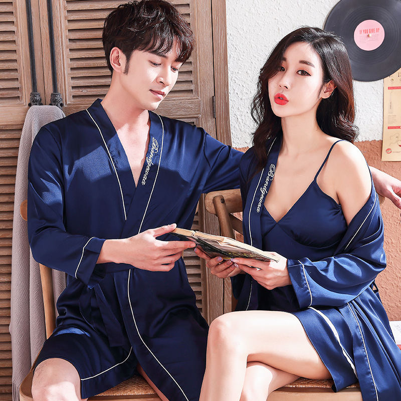 Spring and Autumn Couple's Nightgown Women's Long-sleeved Ice Silk Home Clothes Silk Thin Bathrobe Pajamas Men's Summer Sexy Sling
