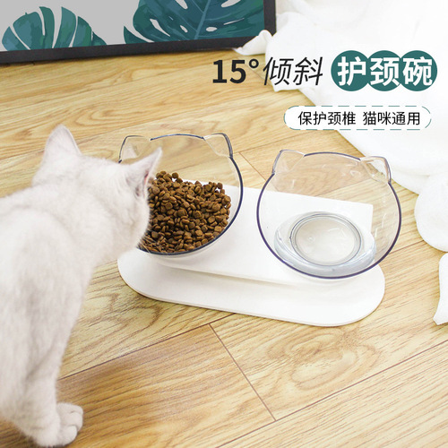Cat bowl transparent double bowl cat food bowl water bowl cat food bowl cat bowl holder dog bowl dog food bowl slant mouth spine protector