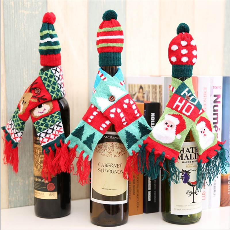 Nueva Navidad vino botella decoración Navidad bufanda sombrero traje Navidad vino tinto botella cubierta