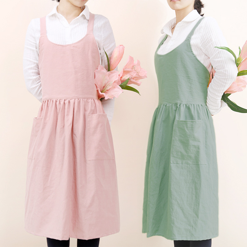 Korean Style Artistic Pastoral Pure Cotton Linen Beautiful Women's Long Kitchen Coffee Apron Logo Manufacturer Wholesale_voghion.com