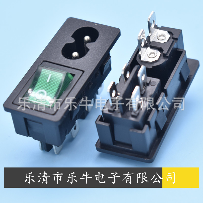 8字插座 8字带开关插座 带开关二合一8字尾AC插座 绿色4脚8字母座