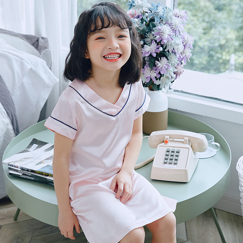 左爱佑童女童睡裙薄款冰丝儿童睡衣女宝宝夏季短袖丝绸公主家居服