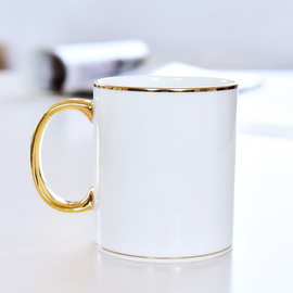 厂家定 制金手柄骨瓷创意办公直身马克杯 金边陶瓷礼品广告杯