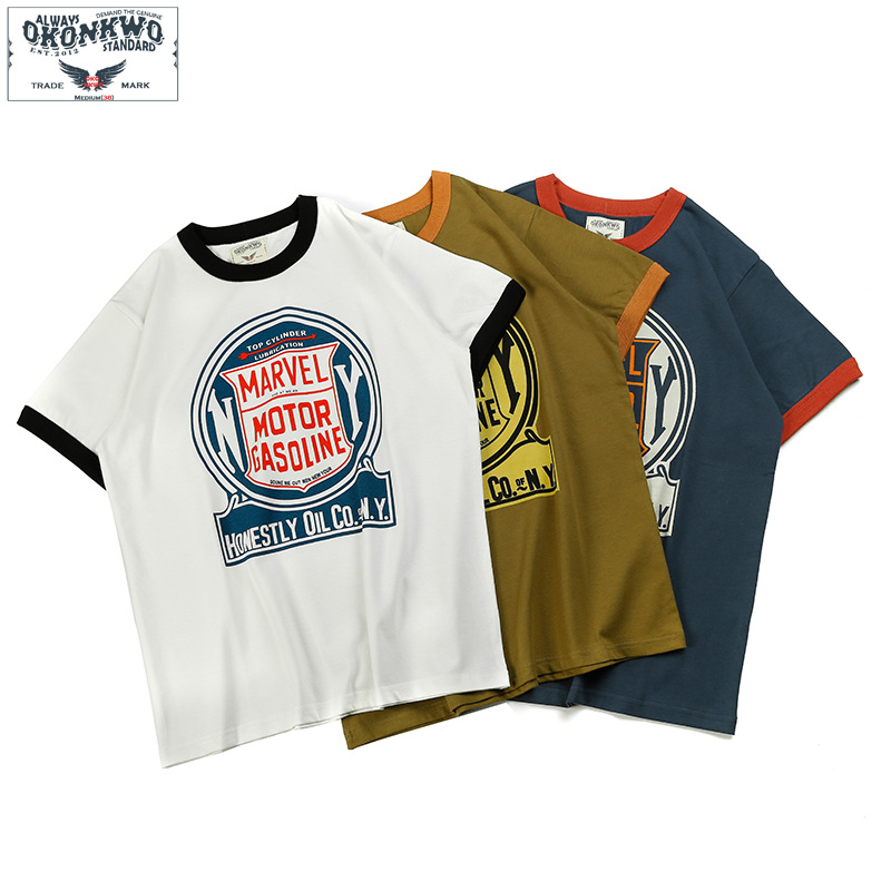 夏季新款男式棉T恤 欧美印花机车元素螺纹拼色t恤 阿美咔叽