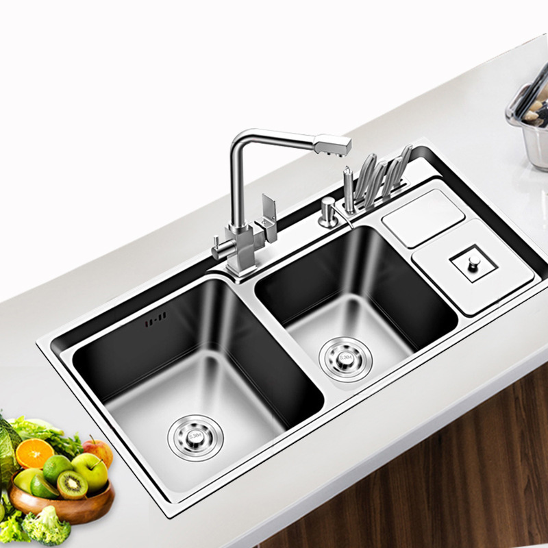 304 Stainless Steel Sink Three Sinks with Trash Can Multifunctional Kitchen Vegetable Sink Thickened Double Sink Package Sink 304 Stainless Steel Sink Three Sinks with Trash Can Multifunctional Kitchen Vegetable Sink Thickened Double Sink Package Sink