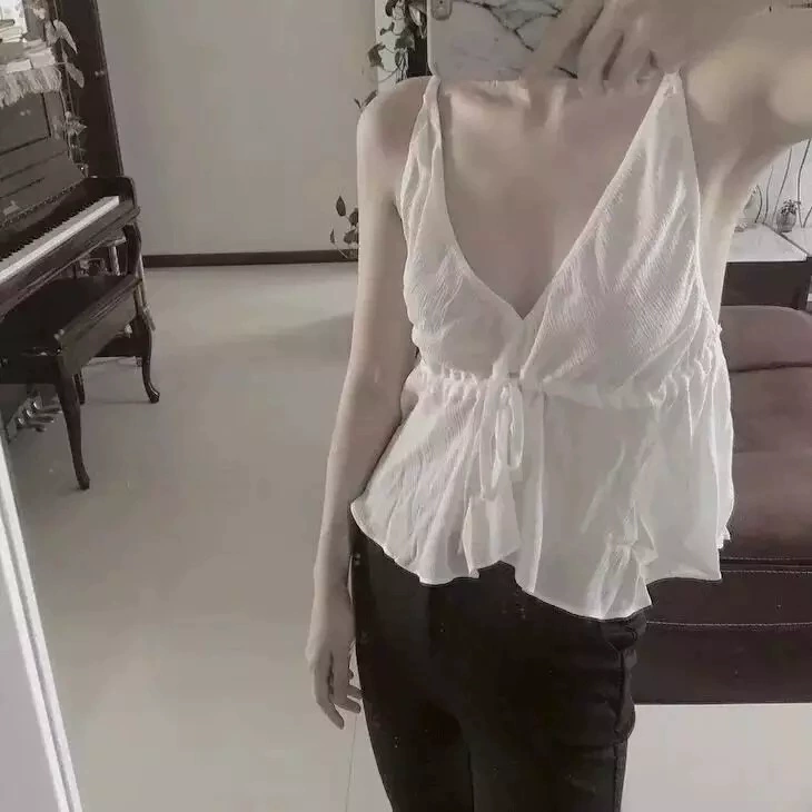 Большая спинка на шнурке плиссированные маленький слинг Гонконгский стиль темперамент Большая спинка блузка шифоновый топ Базовая рубашка для женщин