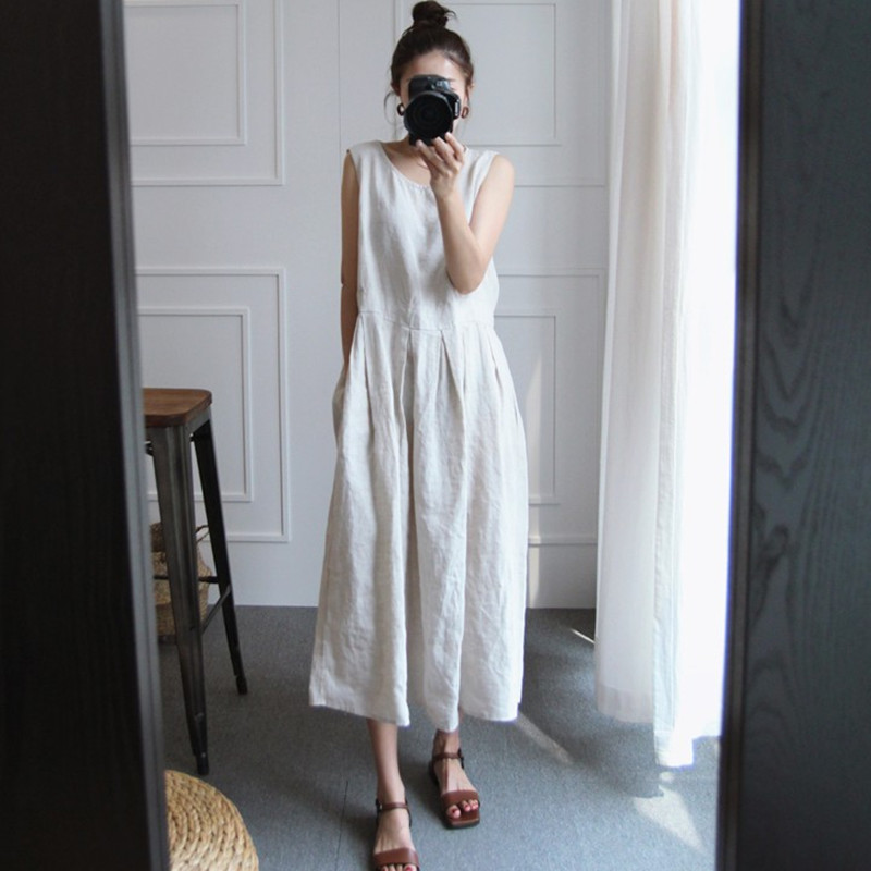 Cross-Border Women's Summer Clothing New Dress Women's Mid-Length Korean Style Loose Large Size Cotton and Linen Sleeveless Vest Doll Skirt