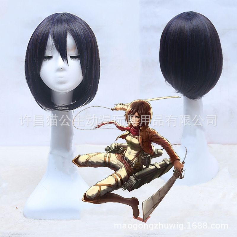 The attacking giant Mikasa Ackerman Black Blue beautiful girl face short hair cos wig spot wholesale