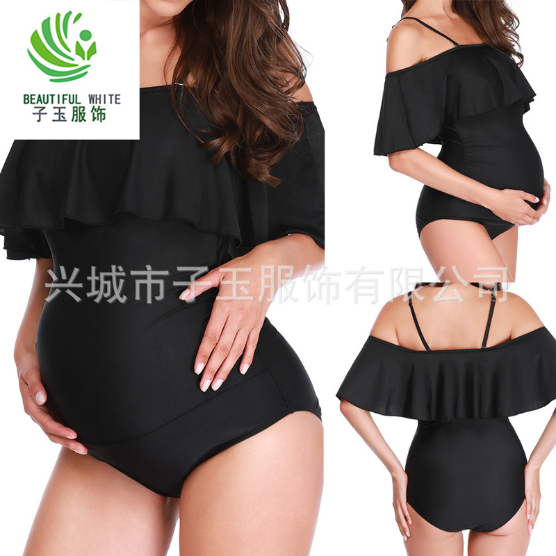 Amazon New European and American Solid Color Pregnant Women's Swimsuit Women's Off-shoulder Ruffled Large Size One-piece Swimsuit Spot Wholesale