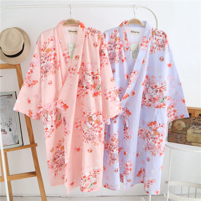 Japanese Bathrobe Women's Cardigan Cotton Double Gauze Cute Spring and Summer Kimono Nightgown Pajamas Home Clothes Nightgown Loose