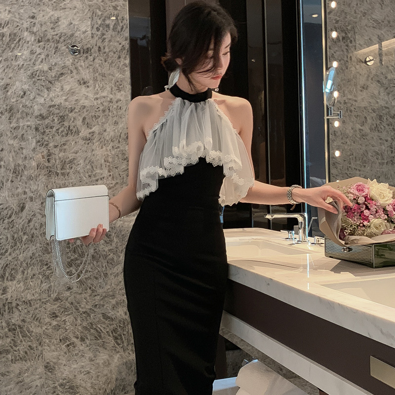 Đầm dạ hội cổ yếm phối lưới xếp nếp ôm dáng tay khoét — Màu đen