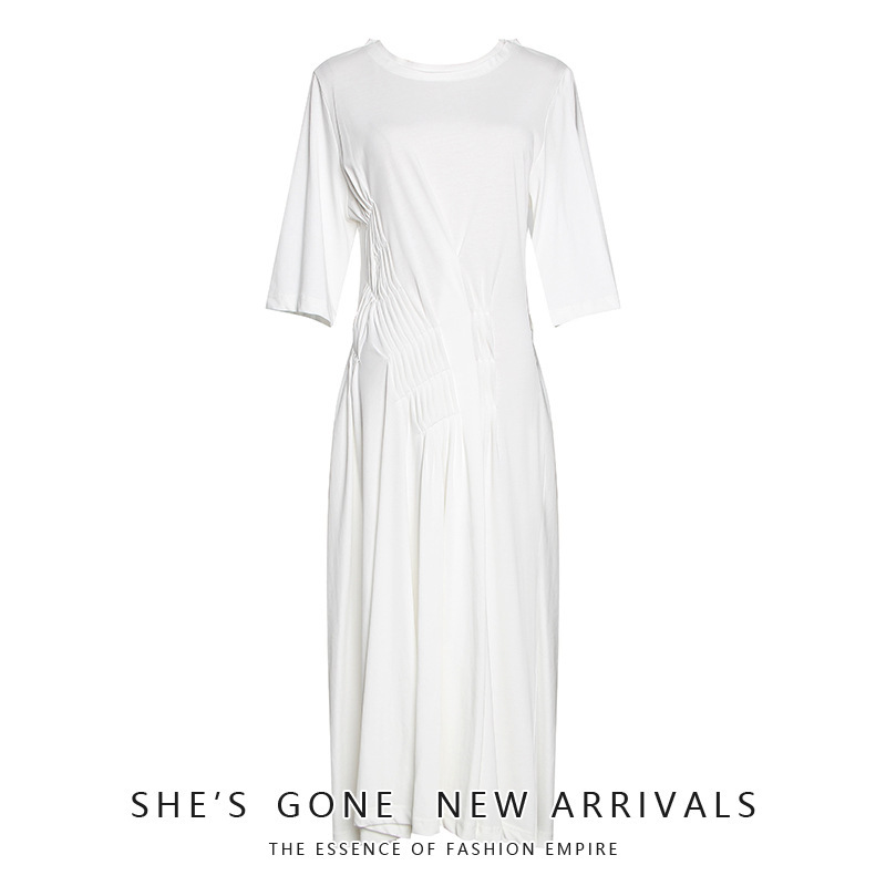 Pleated Dress 2024 Spring and Summer New French Niche Designer Stereo Pleated Slimming Look Three-Quarter Sleeve Long Skirt for Women