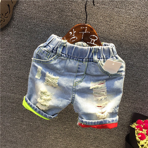 Summer New Arrival Boys' Short Pants Personality Hole Open Light Wash Blue Denim Shorts Colorful Pants Ankle Baby Casual Shorts