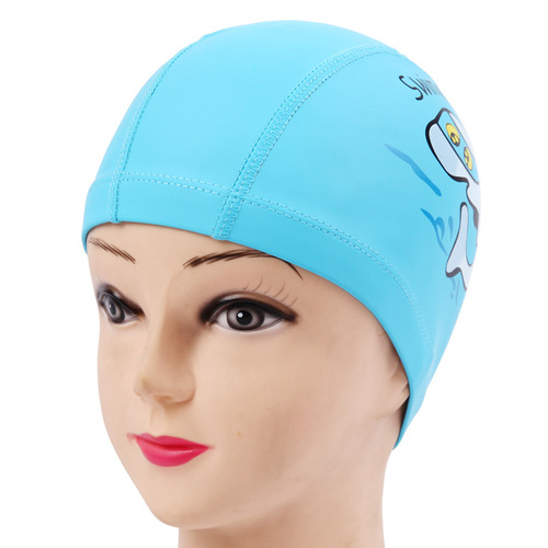 Children's Swimming Cap Boys' Cute Cartoon Dolphin Pattern PU Cloth Waterproof Long Hair Ear Protection Equipment Girls' Swimming Cap