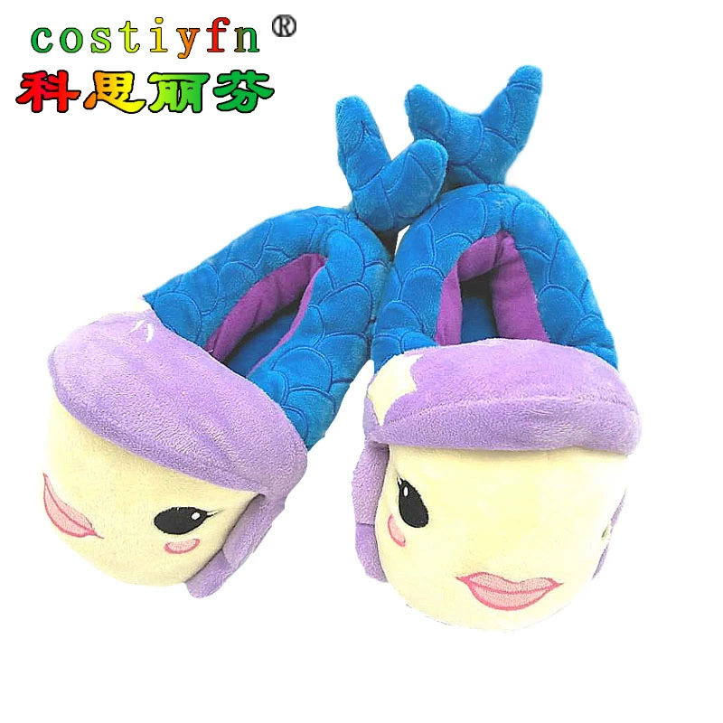 В наличии зимняя комнатная хлопковая обувь мультфильм фиолетовая Русалка все сумки тапочки домашние милые теплые детские хлопковые туфли