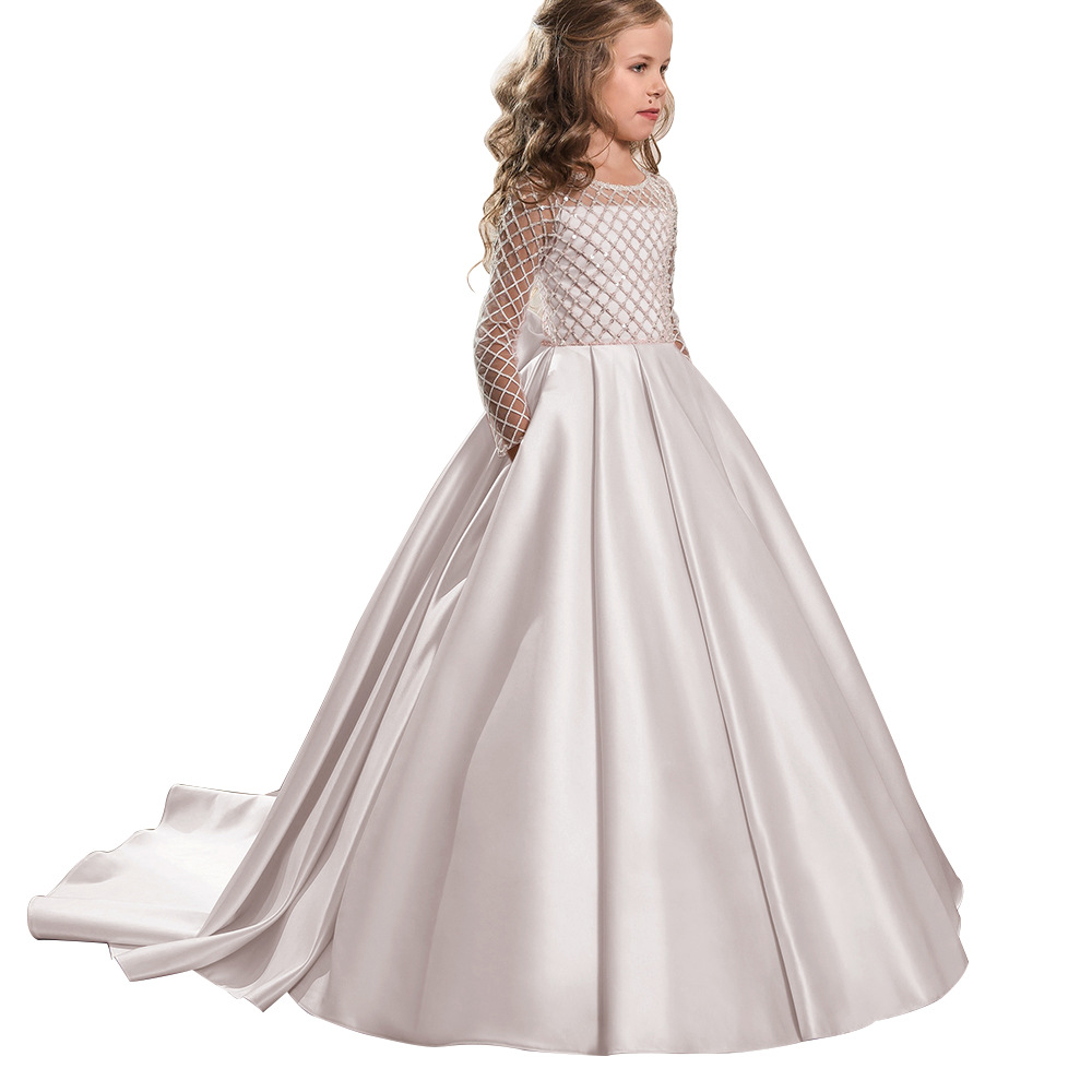 Comercio exterior transfronterizo nueva ropa para niños vestido para niños niñas encaje satén arco pequeño vestido de princesa de niña de flores