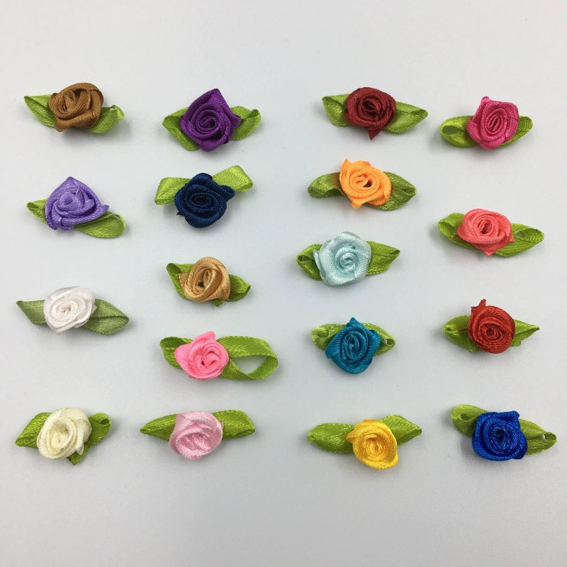 В наличии 3-х балльная лента с листьями Роза маленький цветок DIY аксессуары из ленты бант зеленый лист маленькая Роза оптом
