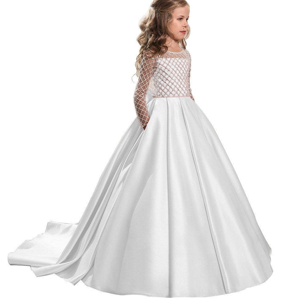 Comercio exterior transfronterizo nueva ropa para niños vestido para niños niñas encaje satén arco pequeño vestido de princesa de niña de flores