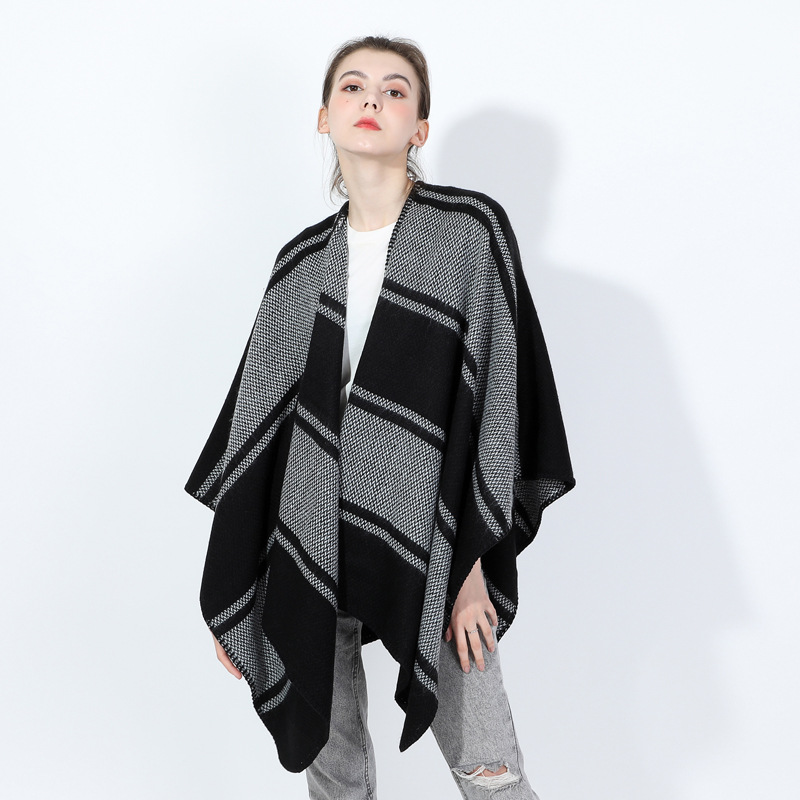 2024 new black white herringbone striped slit shawl cape, fashionable and simple quality cross mirror_viptrois.com