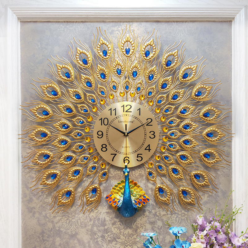 Peacock Wall Clock for Love Makeup Large Living Room Chinese Style Distinctive Creative Clock Household Fashionable Quiet Decorative Atmospheric Quartz Clock