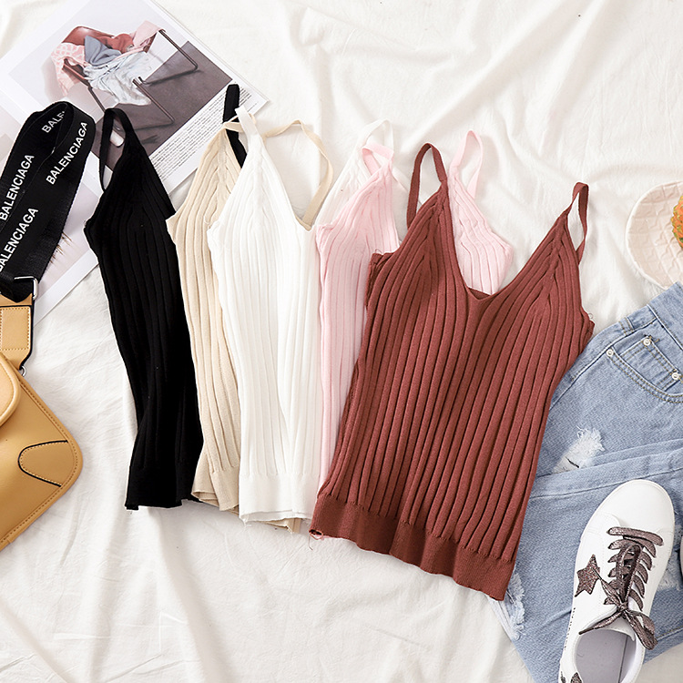 2024 New Summer Korean Style Sexy Hottie Tight Knitted Camisole Women's Outer Wear Bottoming Shirt Top