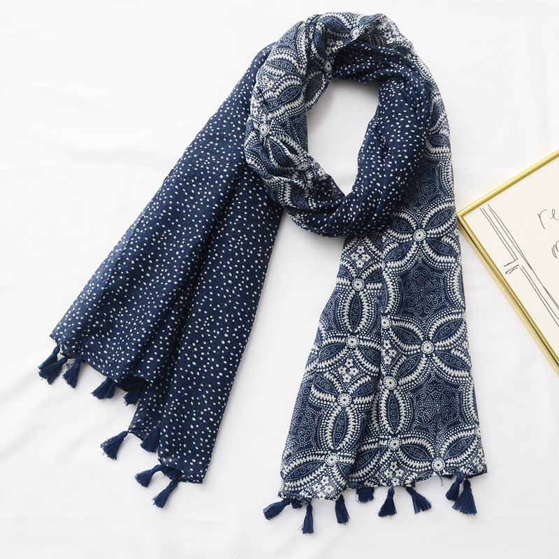Nuevo estilo étnico retro coincidencia de colores bufanda geométrica Comercio exterior azul marino Impresión digital algodón y lino bufanda playa toalla pañuelo