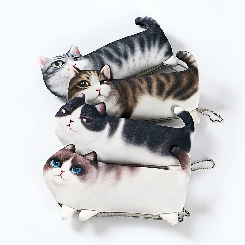 Cute Cat Pencil Case for Kids, Realistic Plush Look, Korean Style, 30 × 15 × 0.5 cm