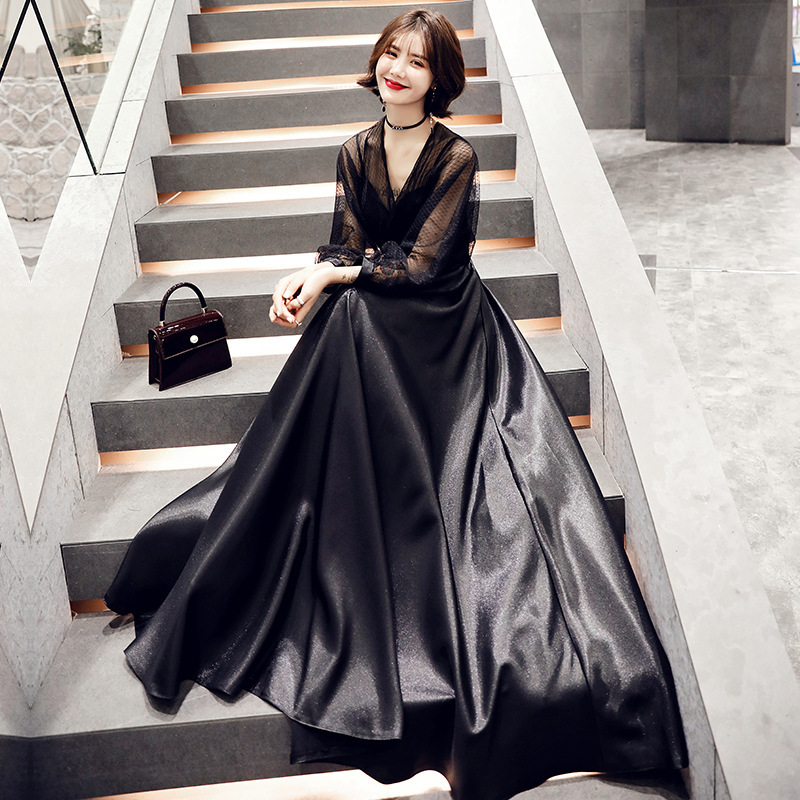 Elegant Long-Sleeved Black Evening Dress for Girls Birthday Party Host Dress Slimming Look Banquet Long Dress Elegant Long-Sleeved Black Evening Dress for Girls Birthday Party Host Dress Slimming Look Banquet Long Dress