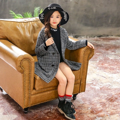 Spring, Summer, Autumn and Winter New Children's Apparel Children's Pigeon Check Wool Coat for Older Girls, One Piece Dropshipping