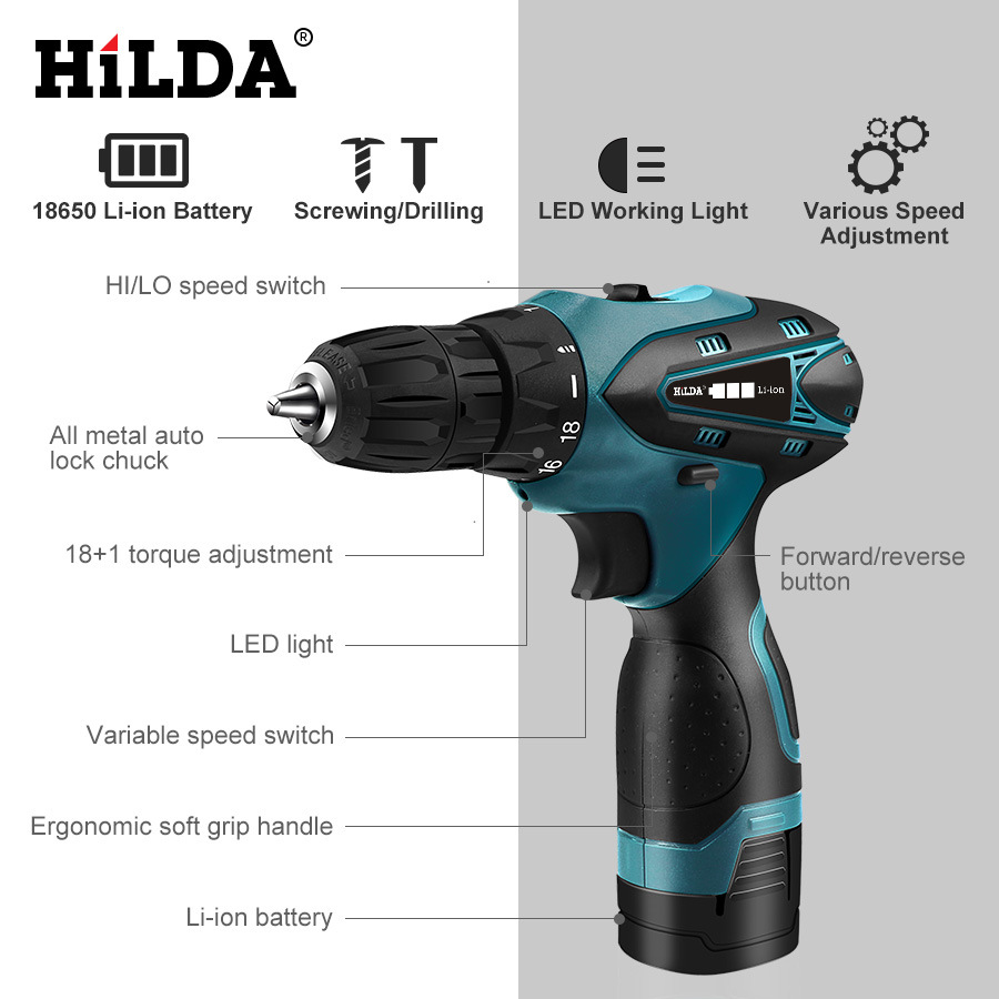 Hilda recargable taladro de impacto batería de litio recargable linterna pistola taladro destornillador eléctrico herramientas de hardware del hogar impacto
