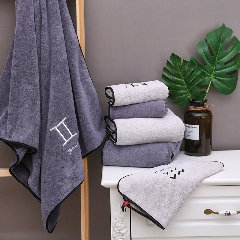 [Towel + Bath Towel] Coral Fleece Zodiac Quick-Drying Absorbent Bath Towel Set for Men and Women, Couple Set