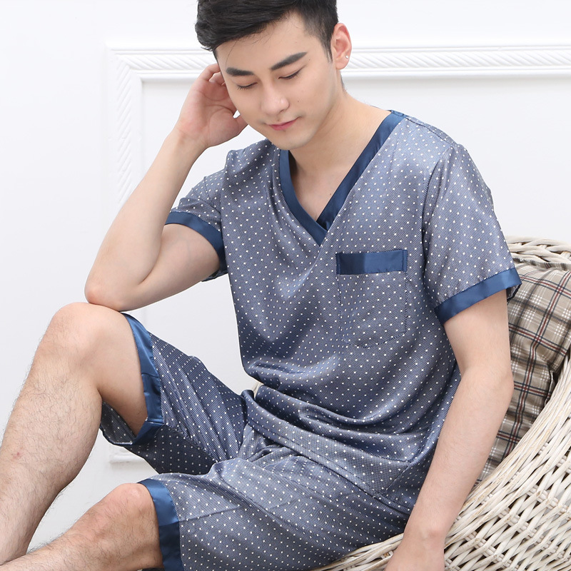 브이넥 블루 도트 미드 팬츠