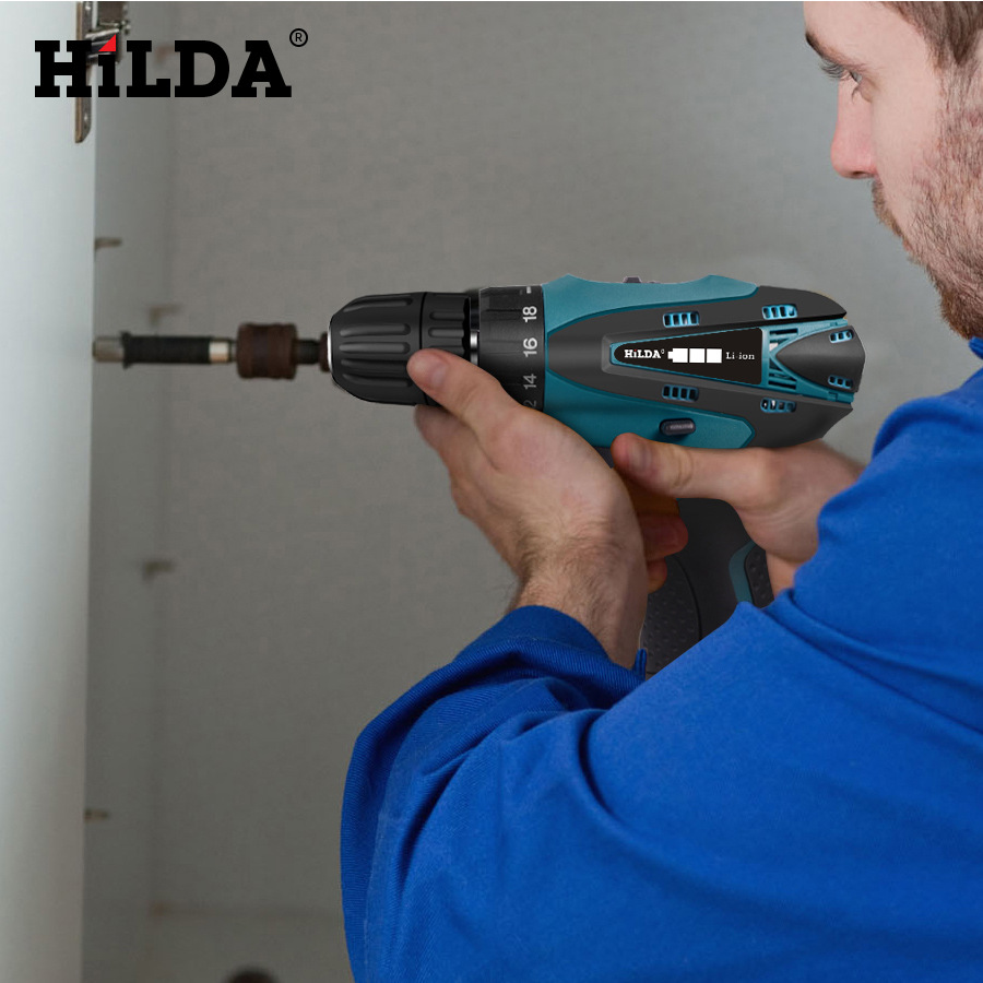 Hilda 12V destornillador inalámbrico taladro eléctrico doble velocidad batería de litio recargable LED luz 2 unids impermeable mano Taladro