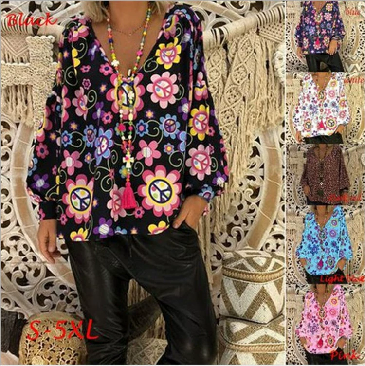 2021 Весна и осень Новый Тонкий Свободный Топ больших размеров Amazon Европа и Америка Большая футболка с V-образным вырезом и принтом в наличии