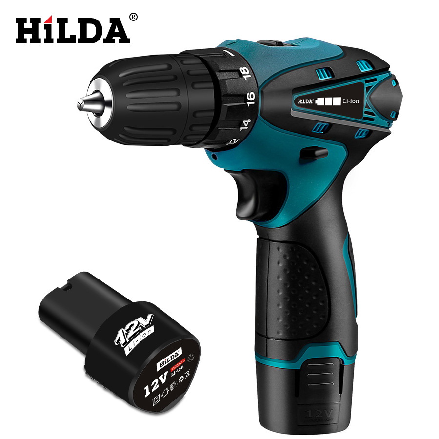 Hilda 12V destornillador inalámbrico taladro eléctrico doble velocidad batería de litio recargable LED luz 2 unids impermeable mano Taladro
