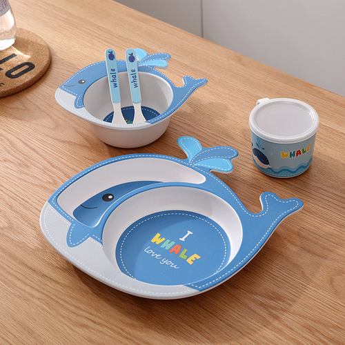 Bamboo fiber children's tableware set Cartoon bowl compartment baby plate spoon fork cup five-piece gift tableware set