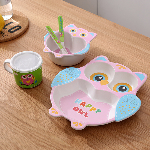 Bamboo fiber children's tableware set Cartoon bowl compartment baby plate spoon fork cup five-piece gift tableware set
