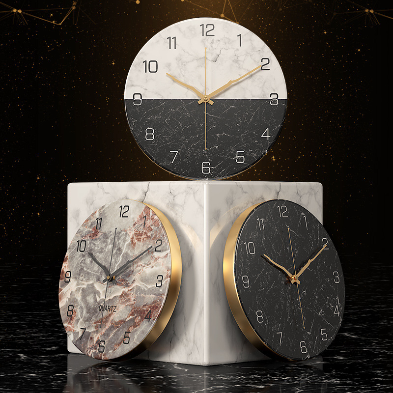 Nordic fashion marble texture metal living room round wall clock simple creative clock manufacturers a generation of hair