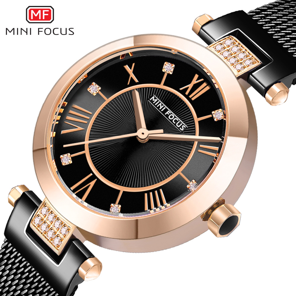 Mini Focus Brand Fashion Women's Watch Diamond Sun Pattern Small Dial Japanese Movement Waterproof Mesh Belt 0215L