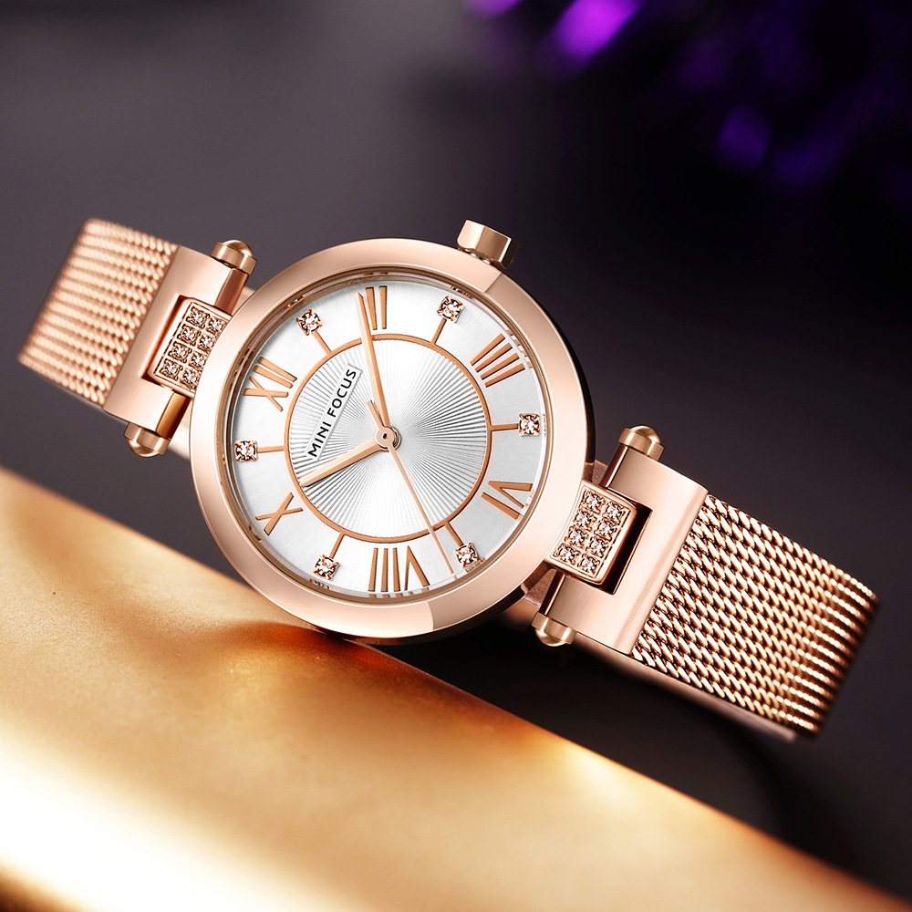 Mini Focus Brand Fashion Women's Watch Diamond Sun Pattern Small Dial Japanese Movement Waterproof Mesh Belt 0215L
