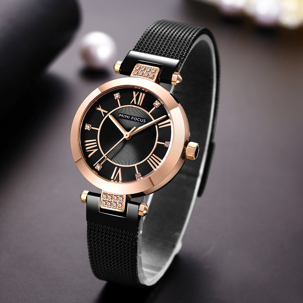 Mini Focus Brand Fashion Women's Watch Diamond Sun Pattern Small Dial Japanese Movement Waterproof Mesh Belt 0215L
