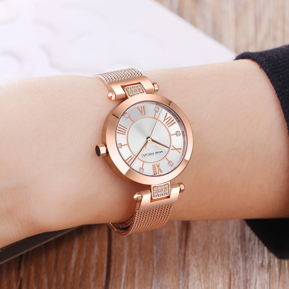 Mini Focus Brand Fashion Women's Watch Diamond Sun Pattern Small Dial Japanese Movement Waterproof Mesh Belt 0215L